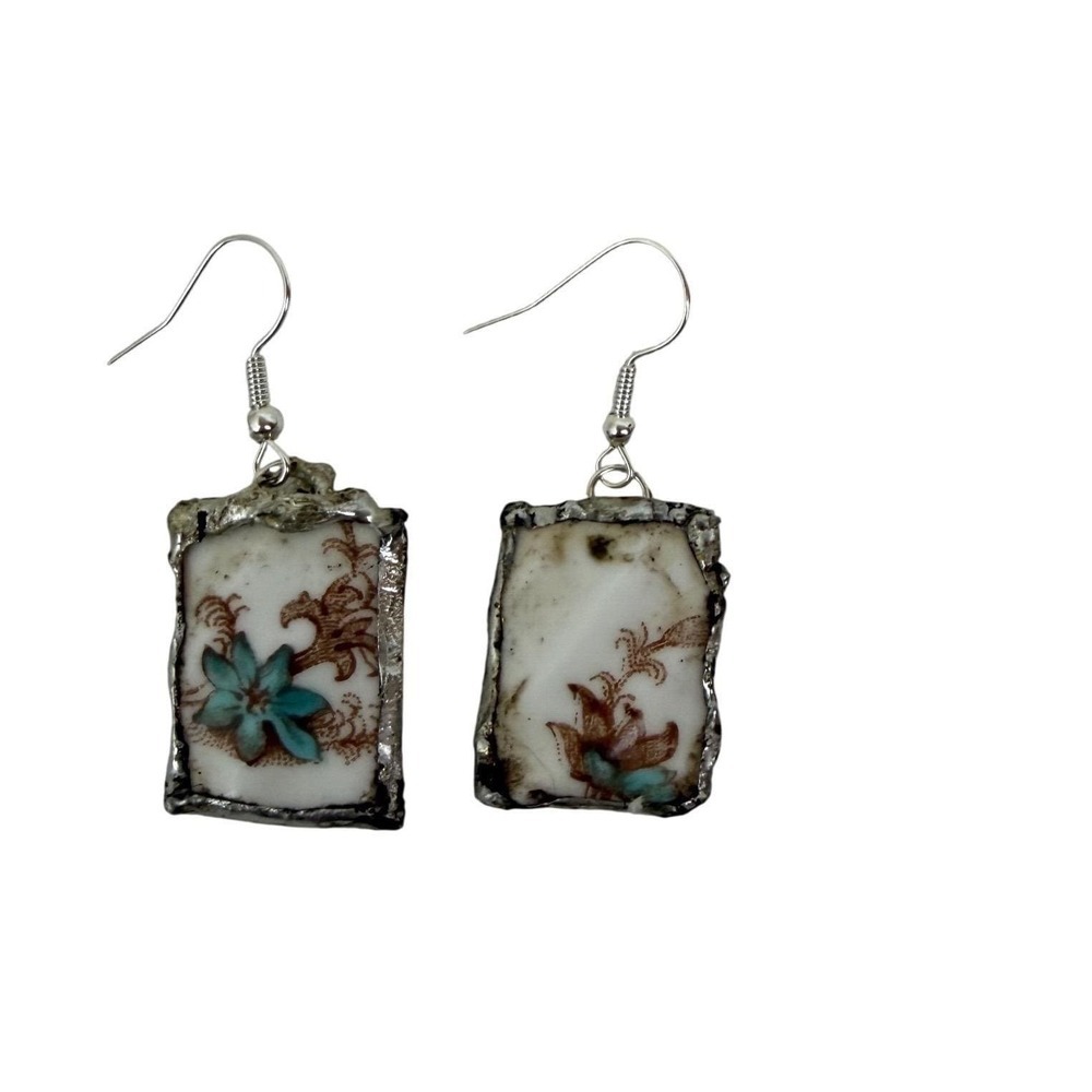 Minton Broken China Jewelry Floral Porcelain Shard Drop Earrings Teal Brown
